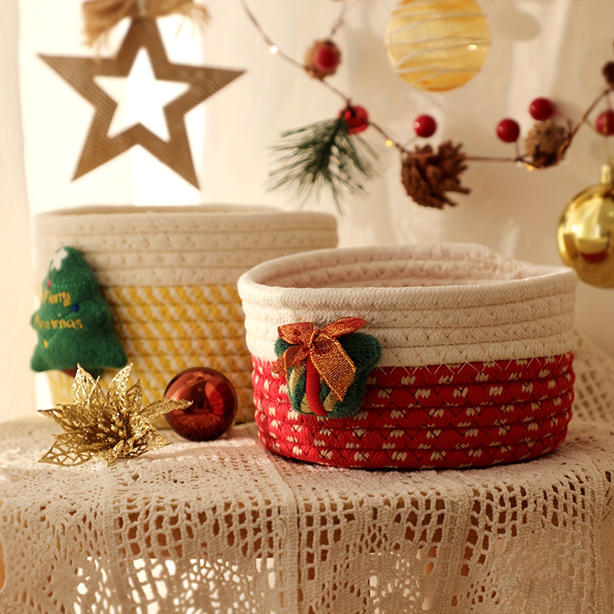 1pc Christmas Style Desktop Storage Basket, Cotton Rope Woven Desktop  Storage Basket, Cosmetics Small Items Key Remote Control Storage Box,  Christmas