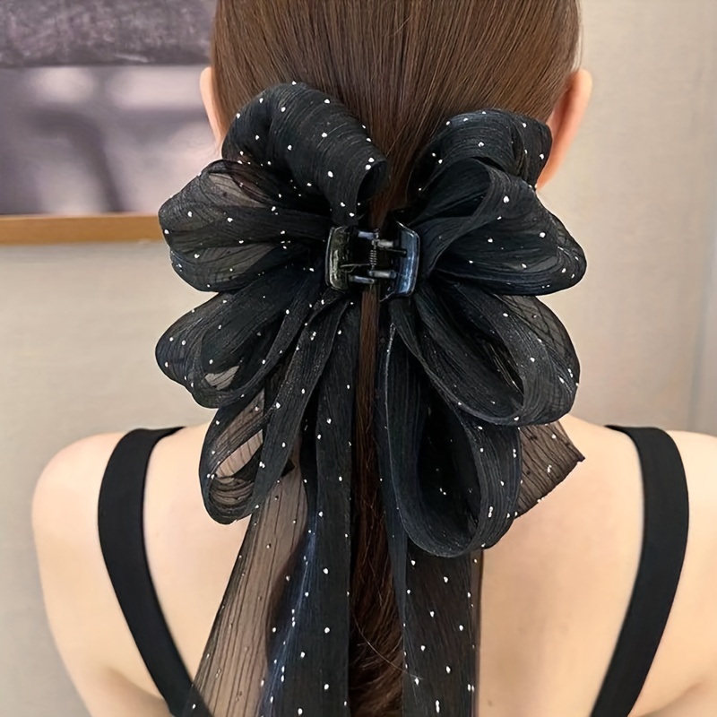 Black Satin Lace Trim Long Tail Bow Hair Clip