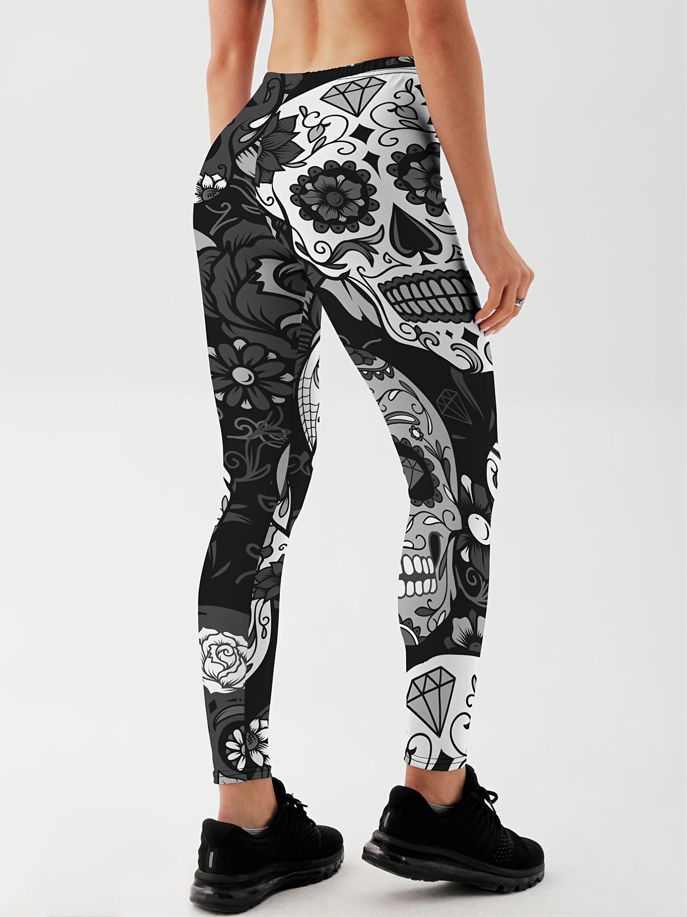 Color Block Flower Skull Print Print Yoga Leggings Fashion - Temu