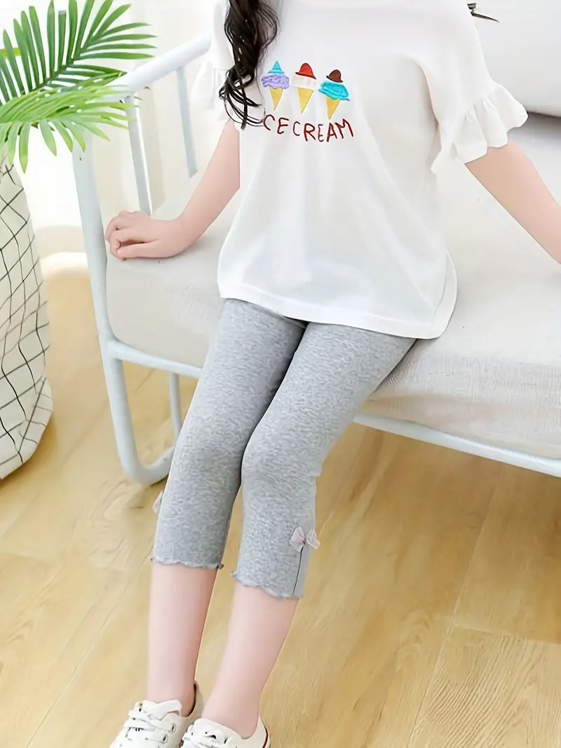 S-L Pure Color Leggings For Teen Girls Children Knitting Cropped Trousers  With Bow Casual Fashion New