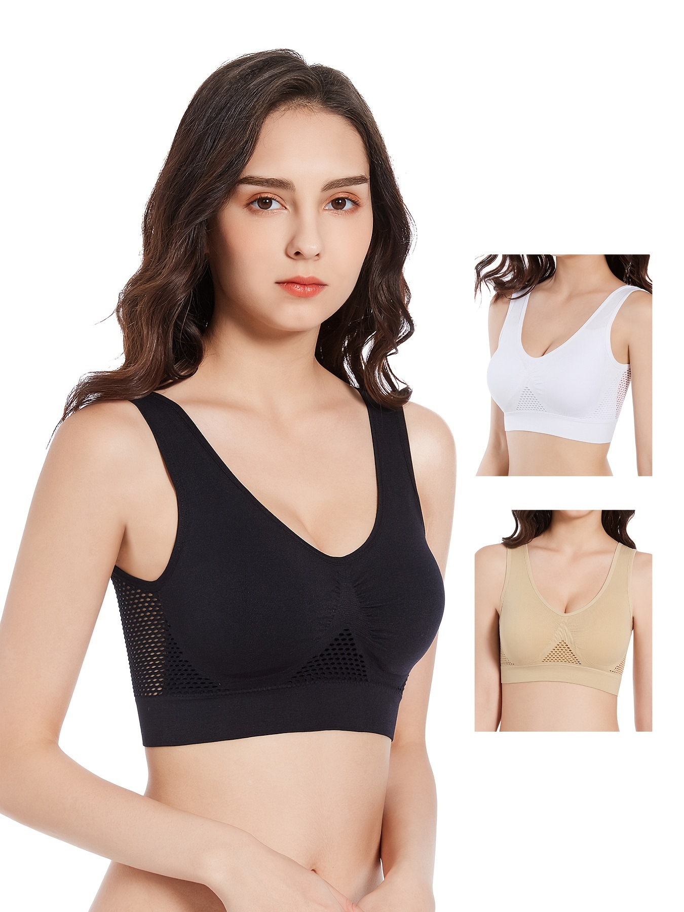 3 Pcs Solid Mesh Hollow Out Sports Bra, Seamless V-neck Breathable * Sexy  Cropped Tops, Women's Activewear