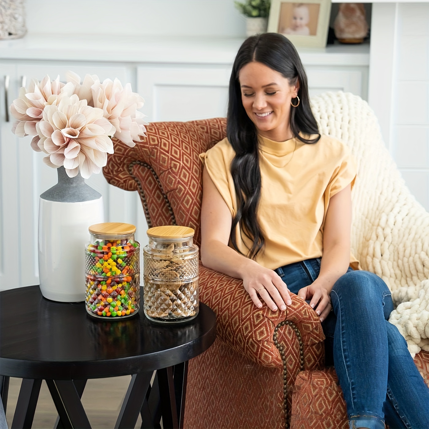 Round Large Glass Jar With Bamboo Lid - Large Kitchen Decorative Glass Jars  With Vintage Diamond Pattern - Coffee Pasta Sugar Tea Snack Nuts Jar With  Airtight Lids, Home Kitchen Supplies - Temu