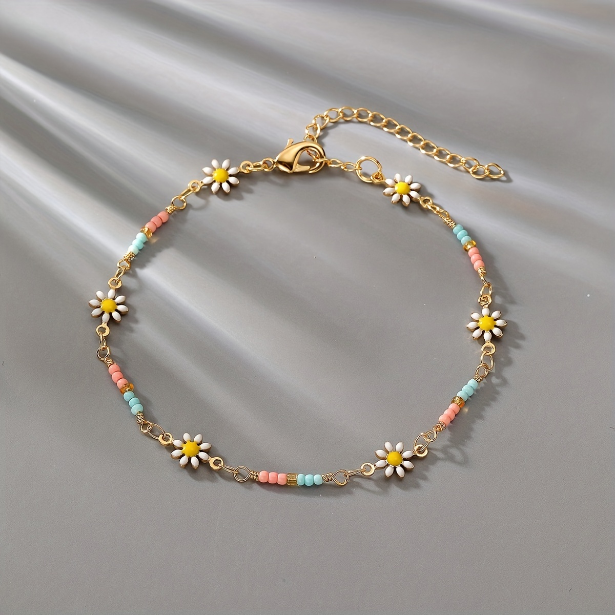 

Dropping Oil Flower Shape Thin Chain Anklet With Mini Rice Beads Simple Style Elegant Ankle Bracelet 1pc