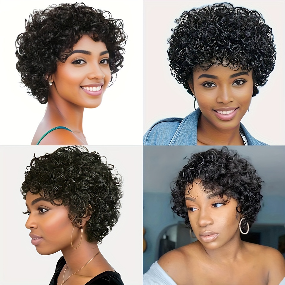 Women Short Pixie Cut Deep Wave Wigs With Bangs Brazilian Human