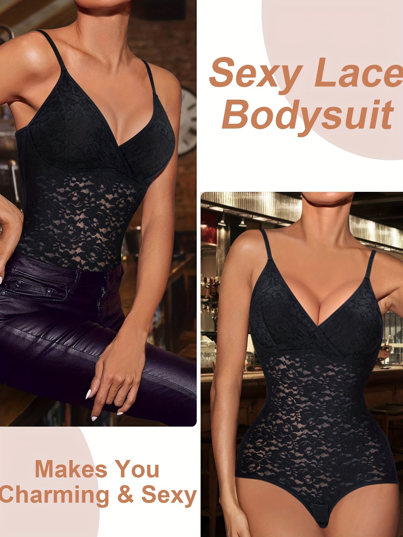 Floral Lace Shaping Bodysuit, Sexy Scallop Trim V Neck Slimming Body  Shaper, Women's Underwear & Shapewear