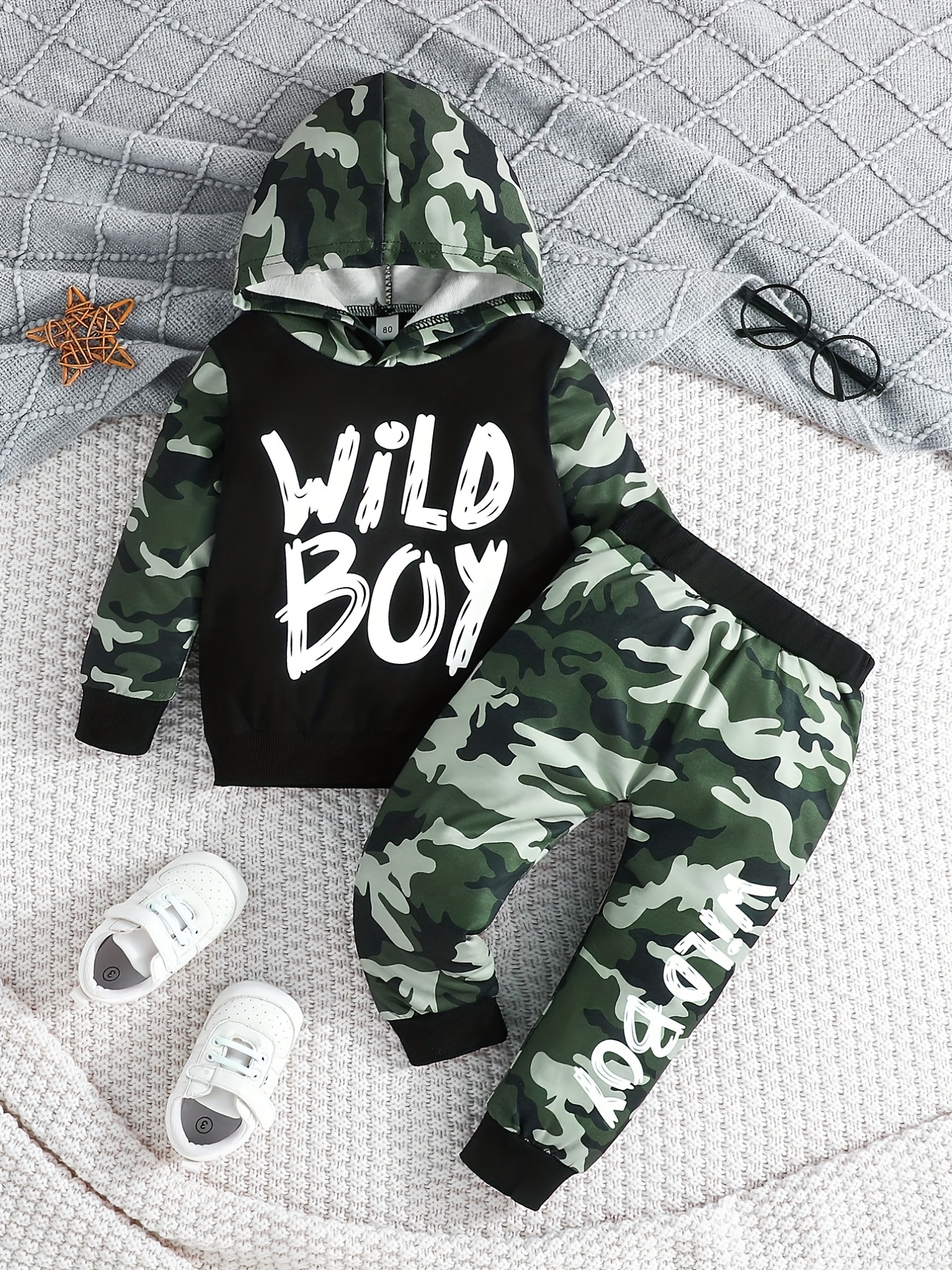 Camouflage Letter Baby Winter Coat And Long Sleeve Hoodie Set For