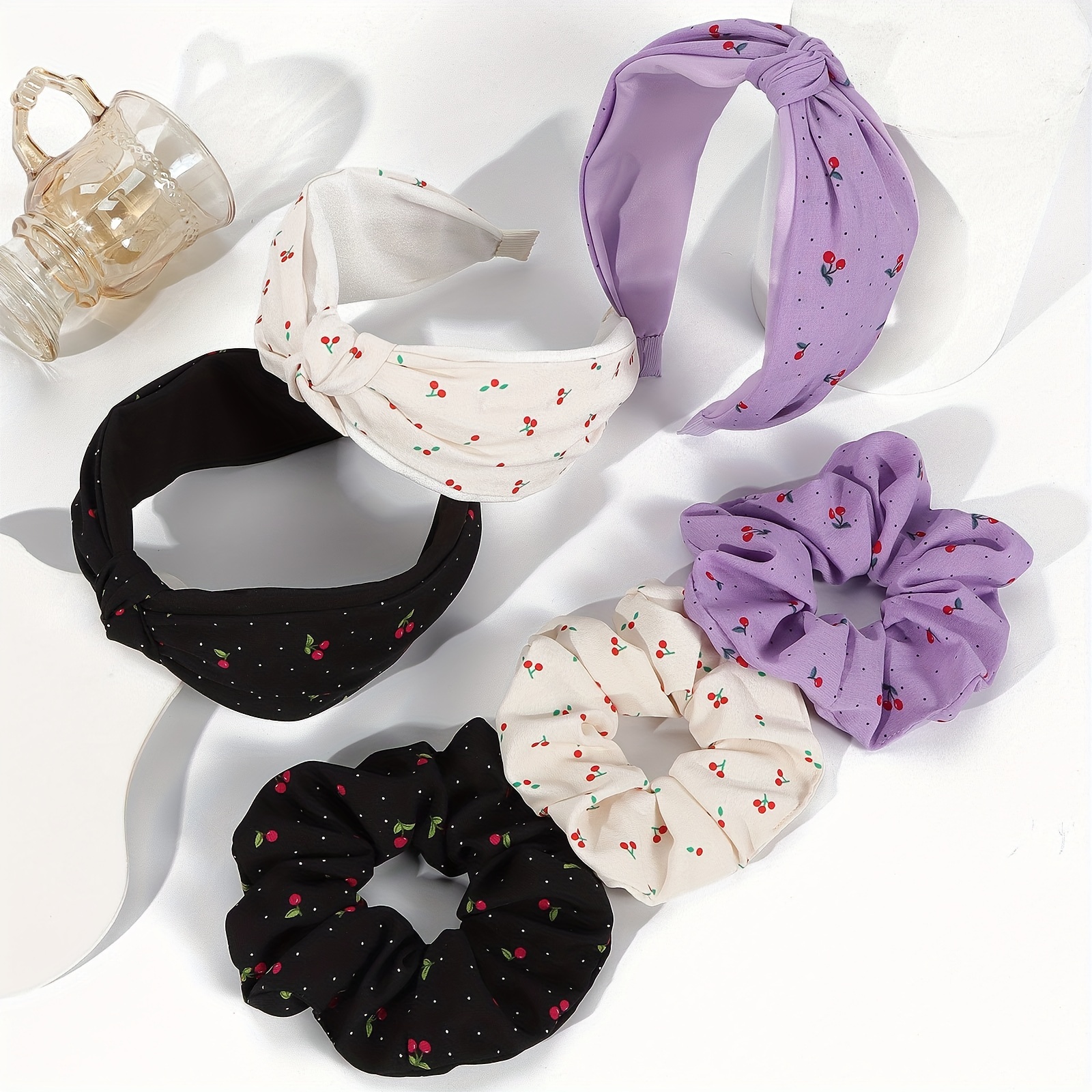 

2 Pcs/set Cherry Printed Headband Cross Top Knot Hair Bands Hair Tie Hair Accessories Set Twisted Knotted Head Wrap