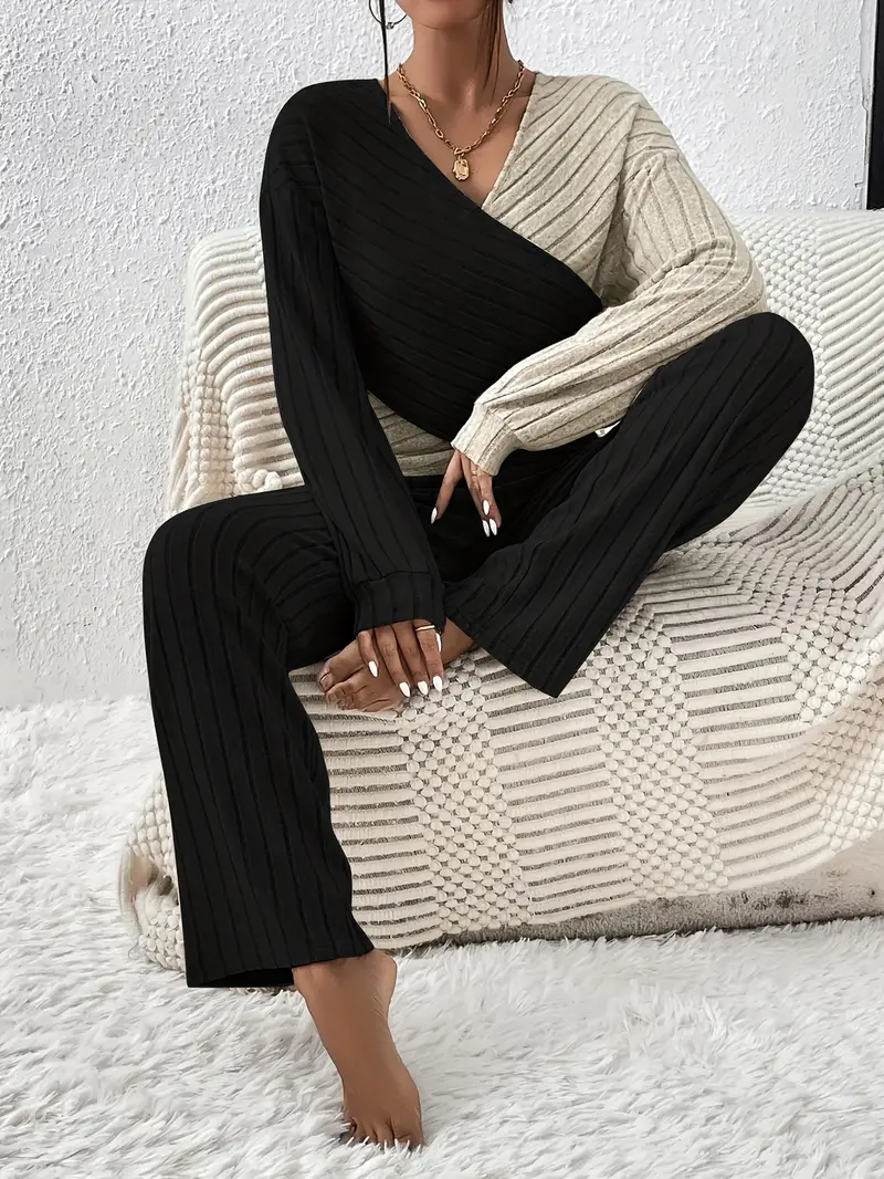 Ribbed Casual Two-piece Set, Color Block Long Sleeve Top & Pants Outfits, Women s Clothing details 2