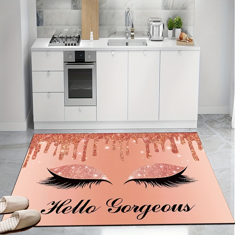 

1pc Rectangular Waterproof Carpet, Washable Machine, Colorful "hello Gorgeous" Cartoon Girl Eyelash Carpet, Aisle Bathroom, Living Room Area Decor