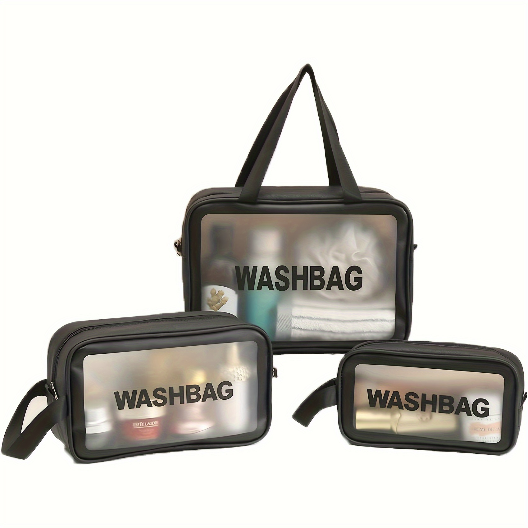 

3pcs Transparent Cosmetic Wash Bag Set, Large Capacity Bath Bag, Translucent Portable Storage Bag