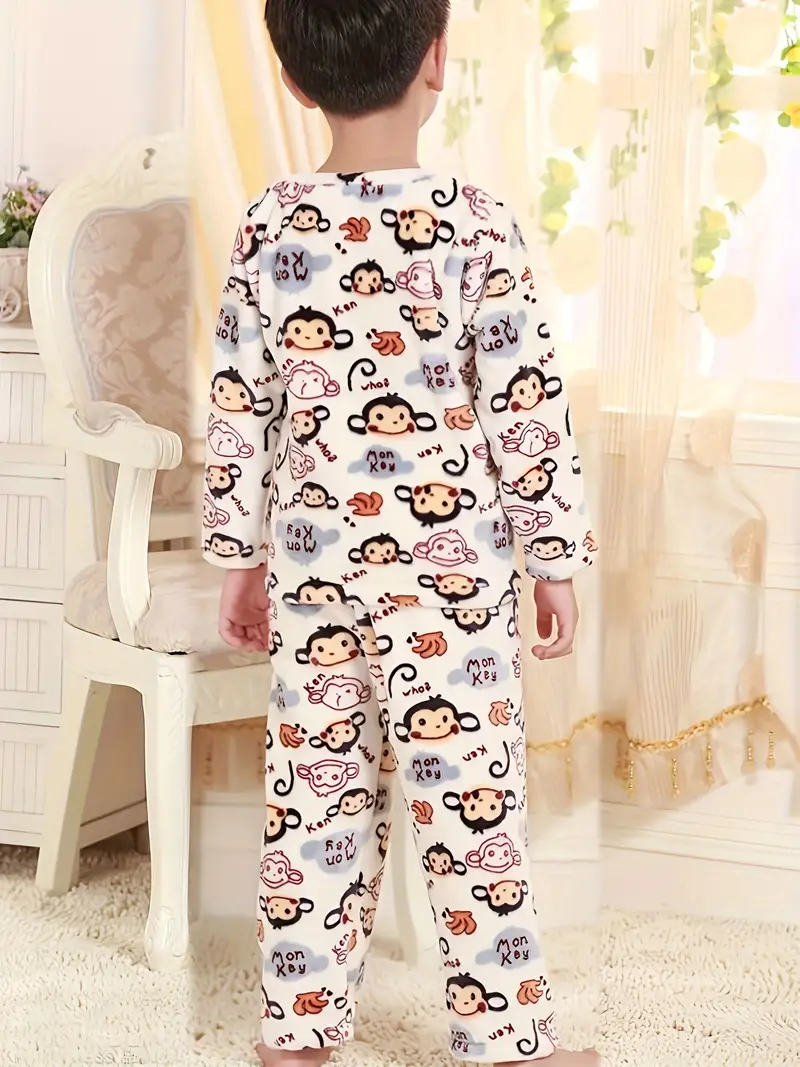 Kid's Flannel Pajamas Long Sleeve Top Pants Set Monkey - Temu Canada