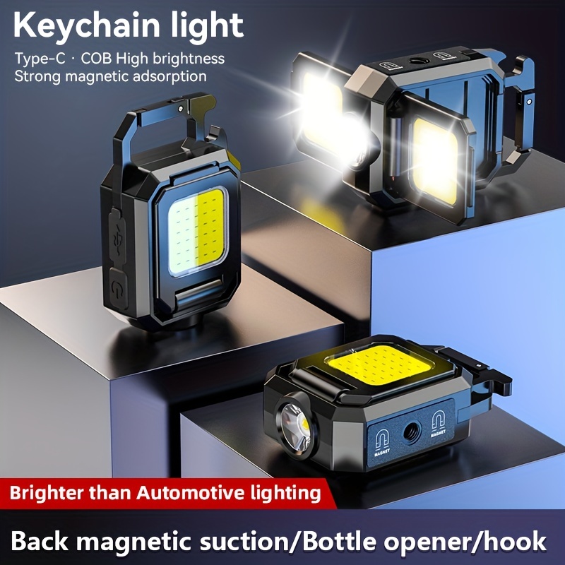 

1pc Cob Small Flashlight, 1000lumens Bright Rechargeable Cob Keychain Flashlights, 5 Light Modes Portable Pocket Light With Folding Side Lights Bottle Opener And Magnet Base For Walking And Camping