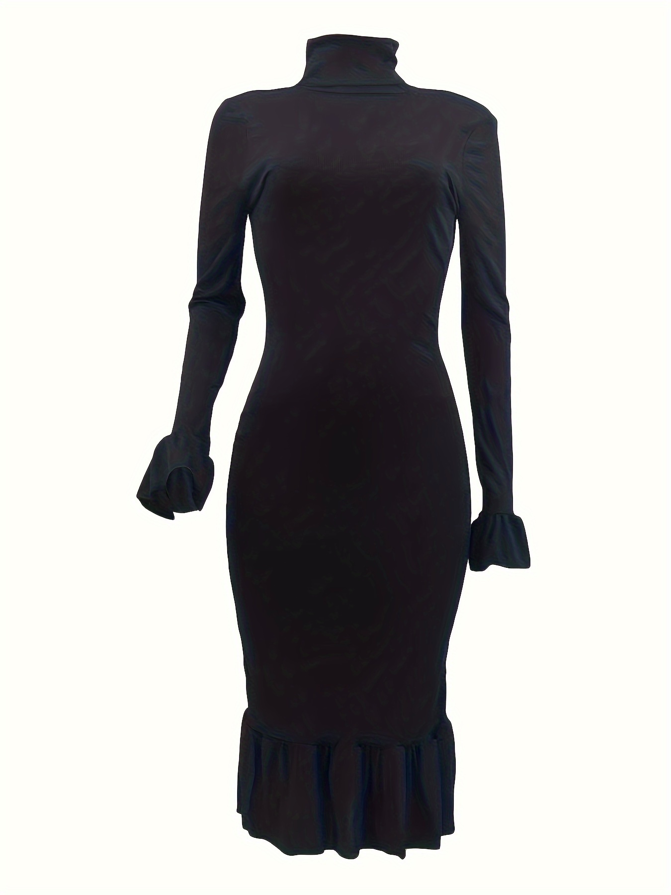 Black Long Sleeve Open Back Turtleneck Midi Dress