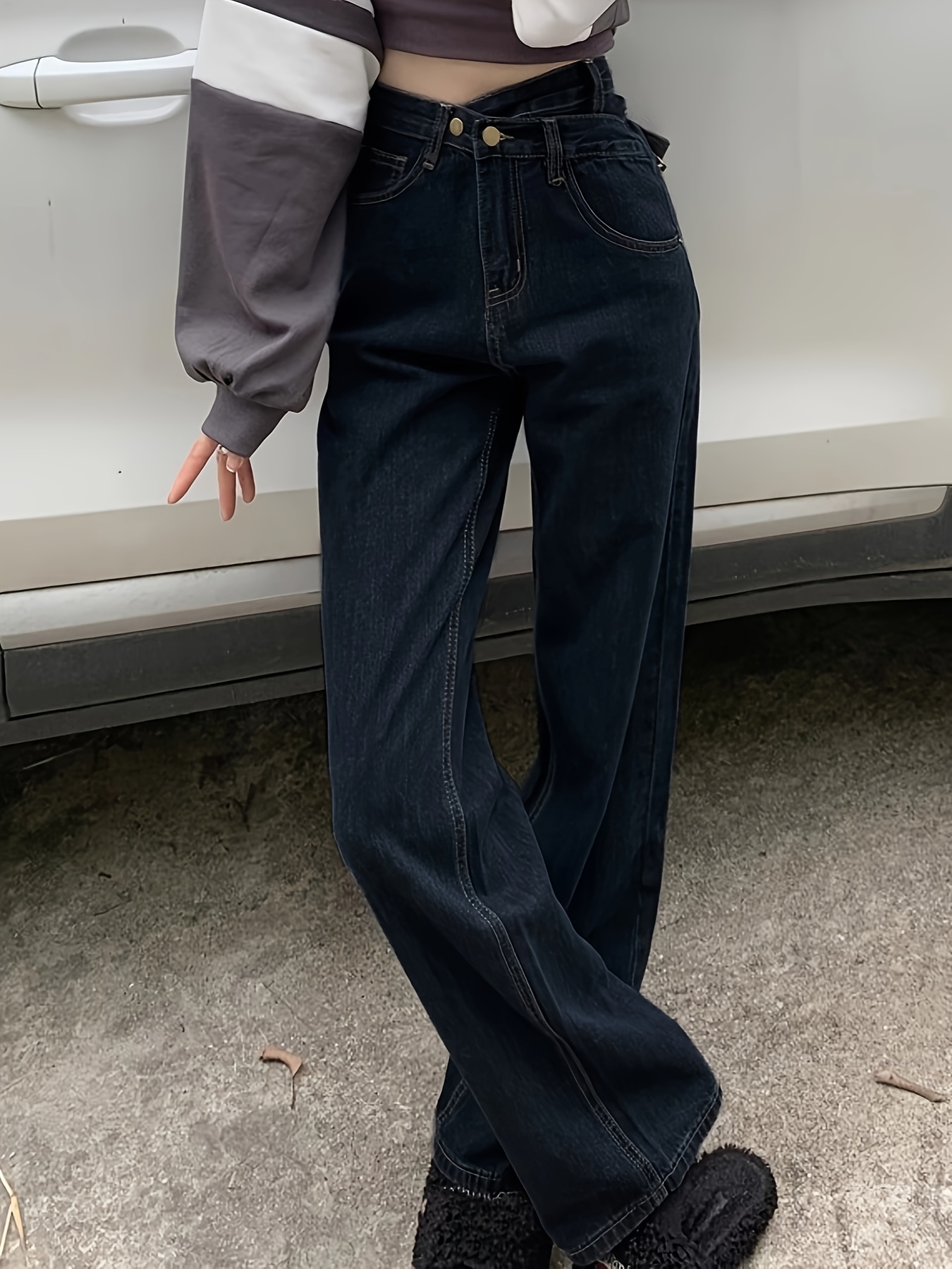 Crossover High Waist Wide Leg Jeans Double button Zipper Fly - Temu Canada