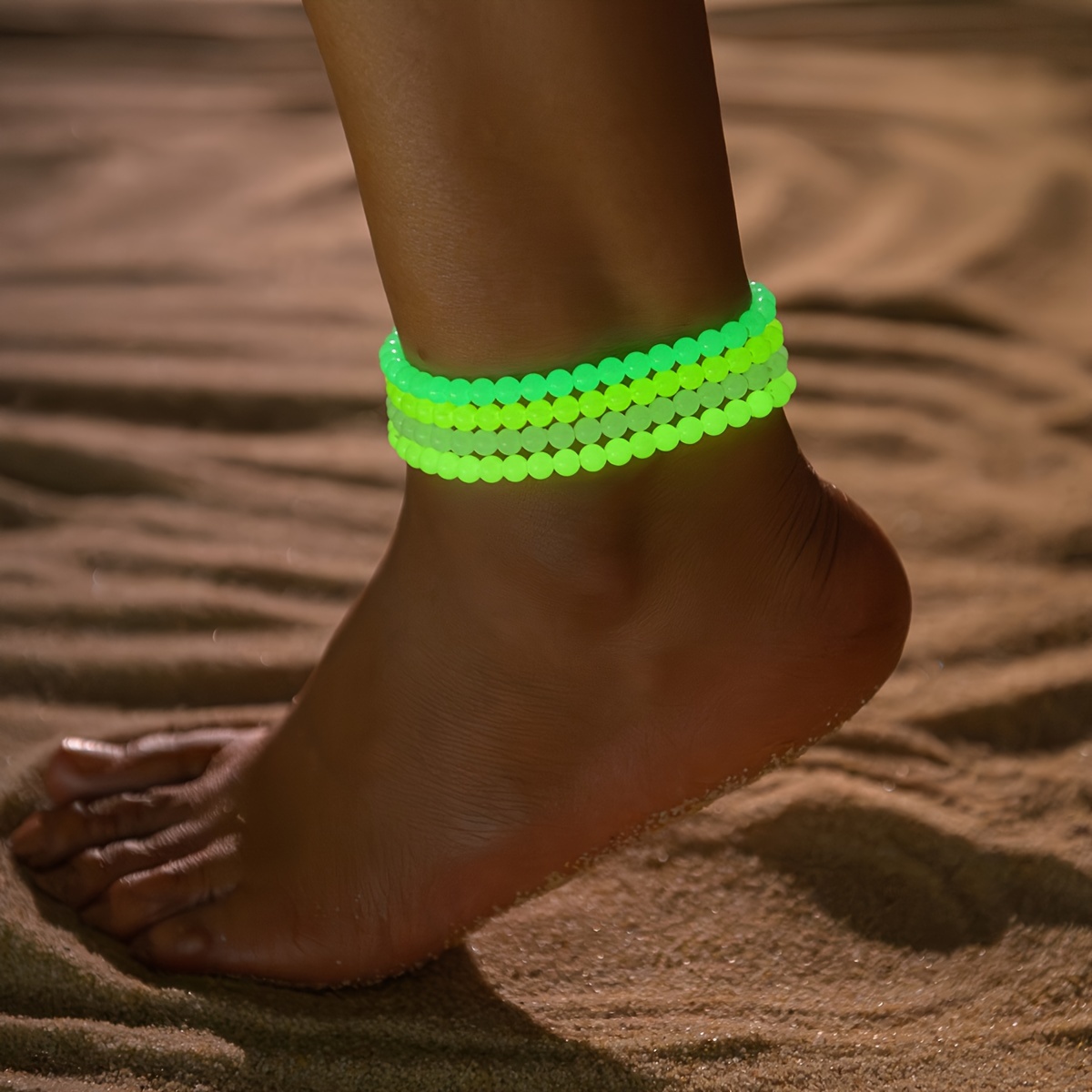 

4 Pcs Set Of Unique Luminous Beads Design Elastic Anklet Suitable For Women Beach Vocation Party Decor For Music Festival