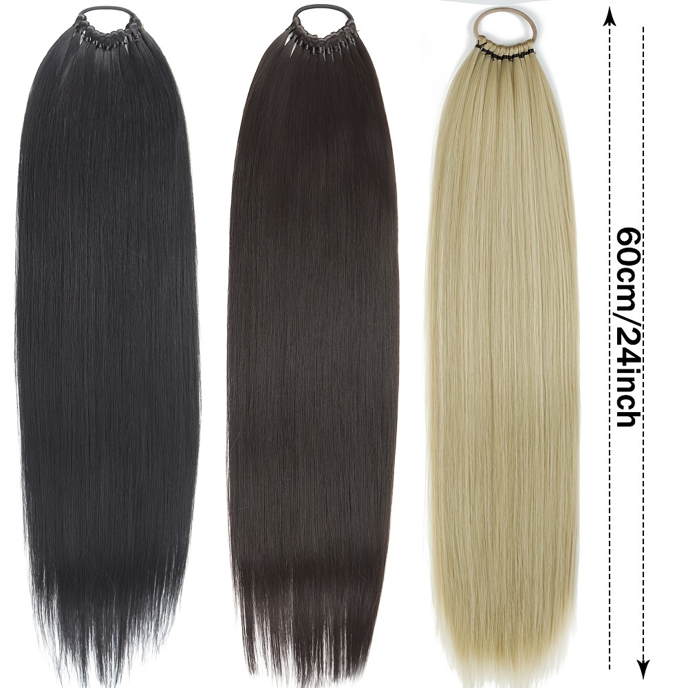 24 inch synthetic ponytail extensions black natural braided pony tail hairpiece long straight rubber band hair for women halloween