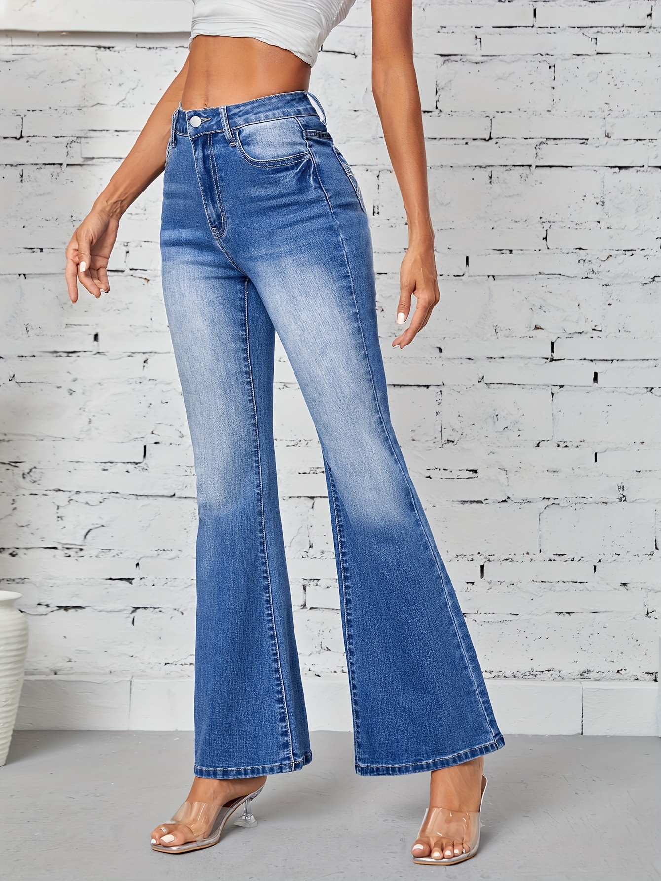 Plain Washed Retro Flare Jeans Slim Fit High Stretch Slant - Temu South  Africa