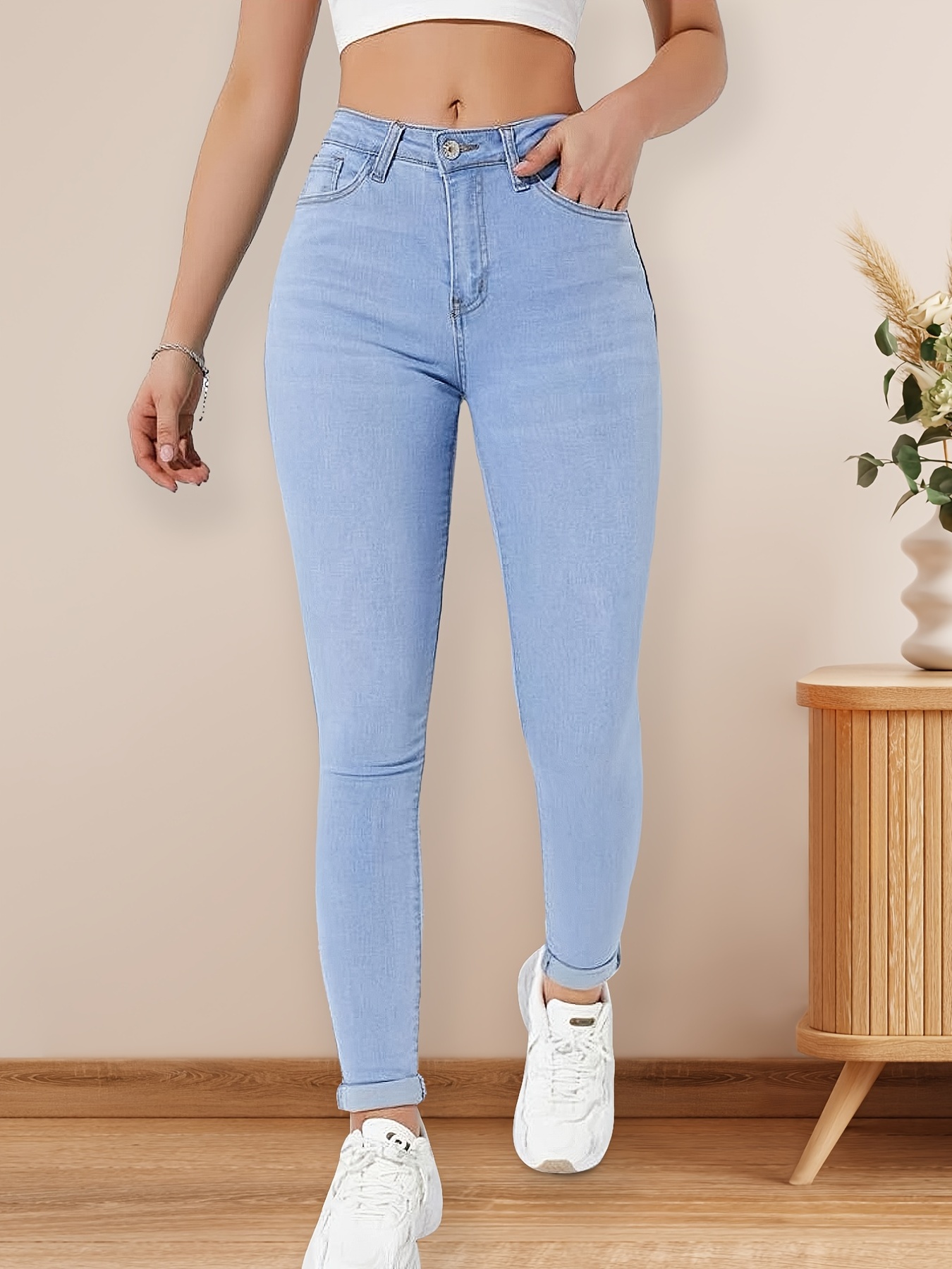 High Rolled Hem Skinny Jeans Light Blue Plain Design - Temu Canada