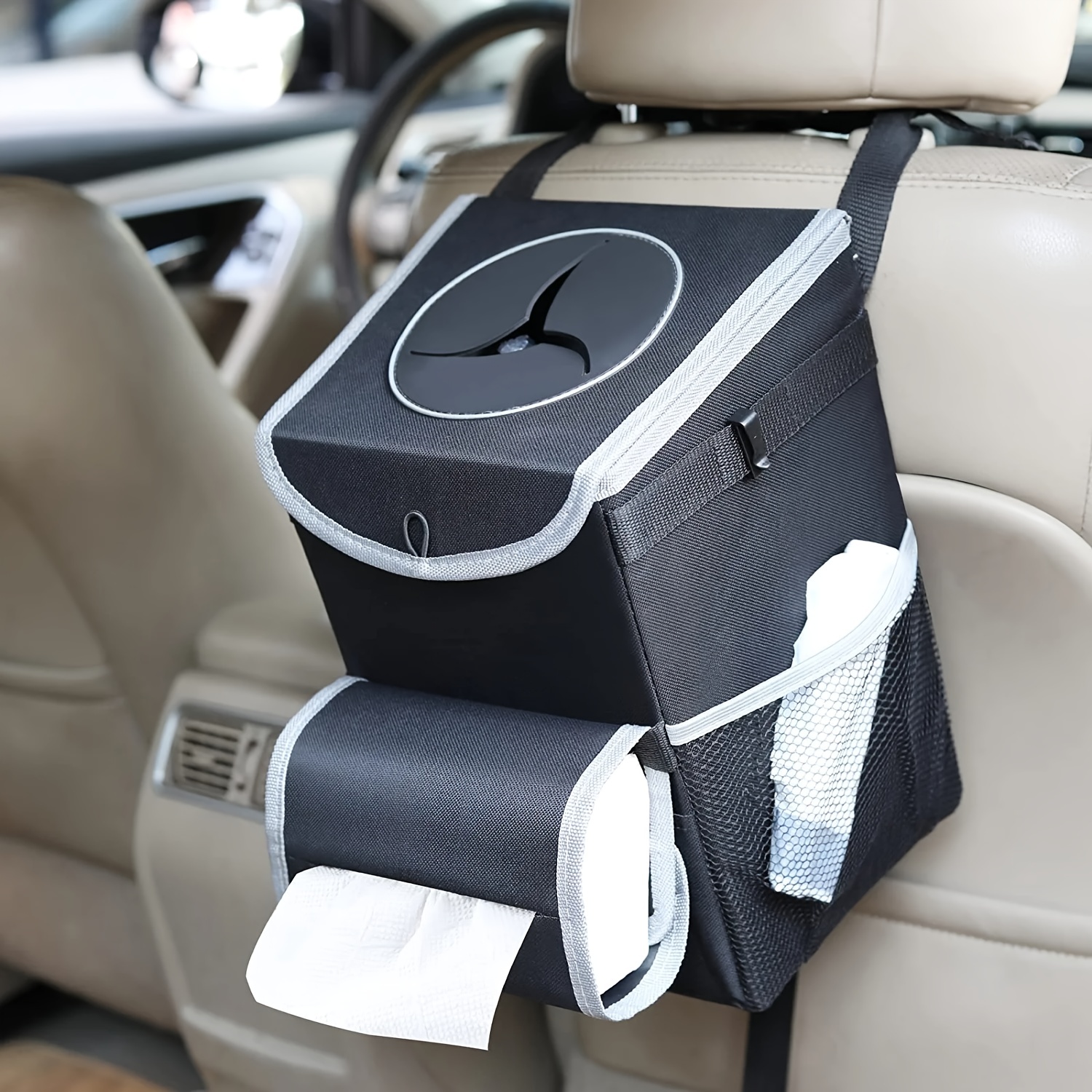 100% Leak-Proof Car Trash Can With Lid, Storage Pockets, Removable Liner,  and Wet Wipe Holder - Perfect for Car Cleaning!