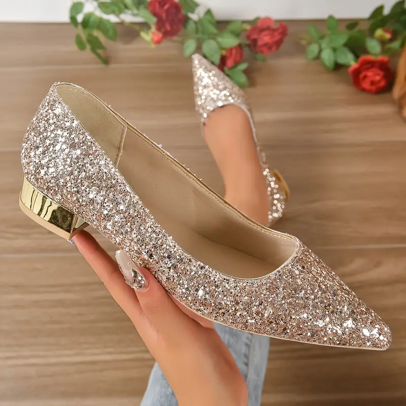 Solid Color Glitter Point Toe Dress Shoes, Women's Decor Chunky Low Heel Elegant Fashion Slip on Dress Shoes,Temu
