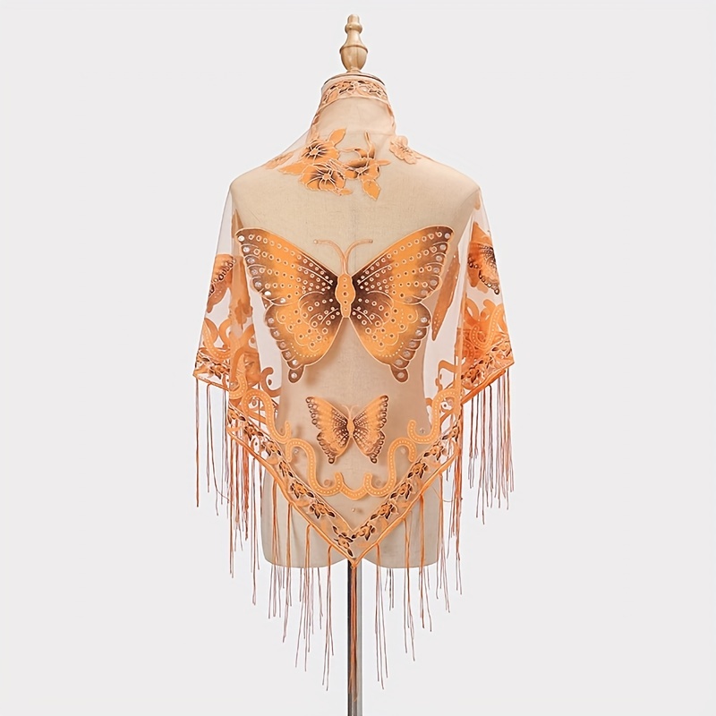 Butterfly Embroidered Tassel Shawl Triangle Scarf Lace Wrap for Party