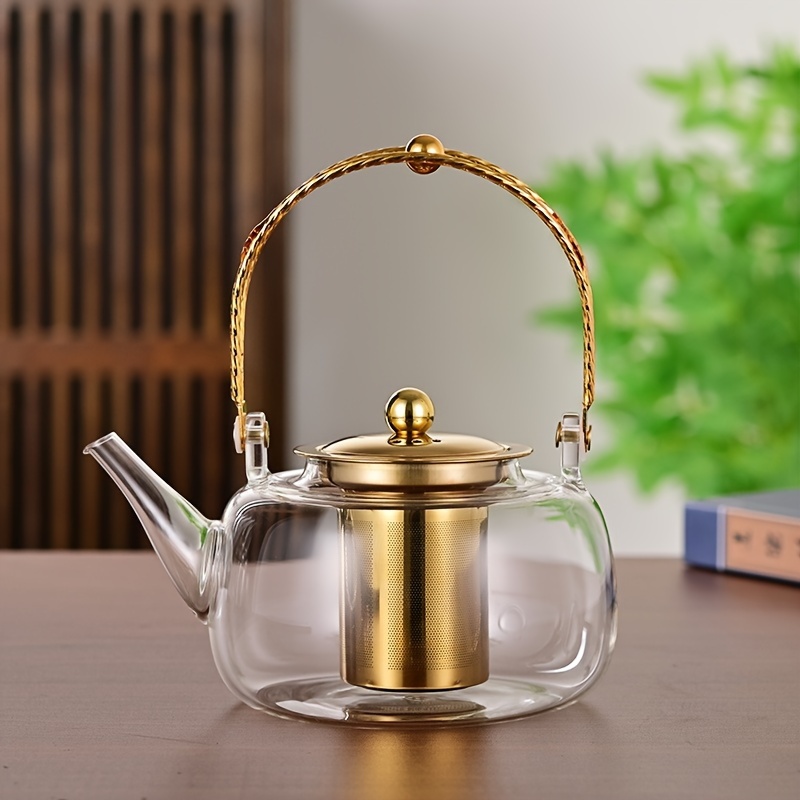 1L Stainless Steel Tea Pot Water Kettle Tea Kettle with Strainer for Home Restaurant (Golden)