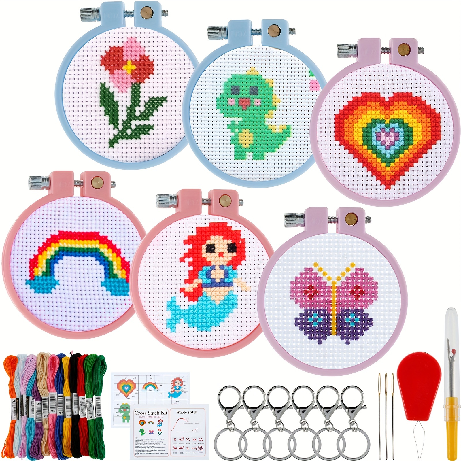 Embroidery Starter Cross Stitch Kits Cute Embroidery Starter Kit for Kids &  Adult Beginners with Hoops Pattern Cross Stitch Cloth Floss Needles  Instruction Keychains Bells Lead Wire : : Home & Kitchen