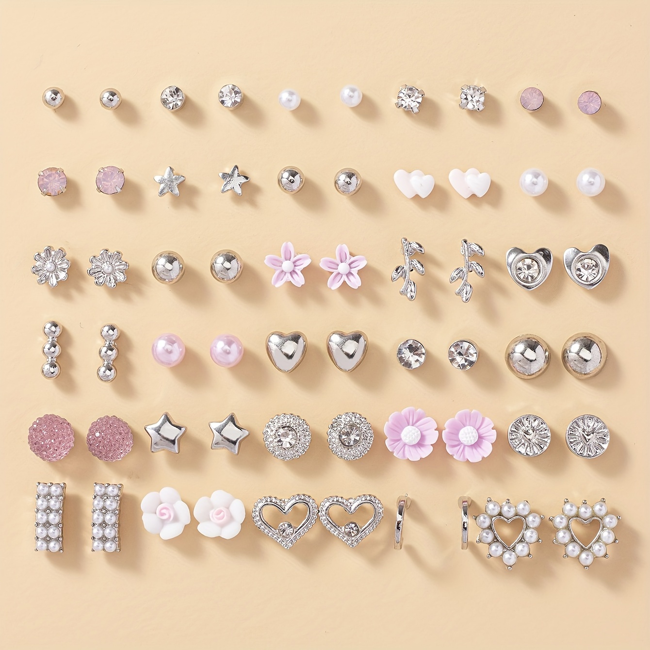 

30 Pairs Shiny Rhinestone Faux Pearl Decor Stud Earrings Set Elegant Cute Style Zinc Alloy Silver Plated Jewelry Daily Casual