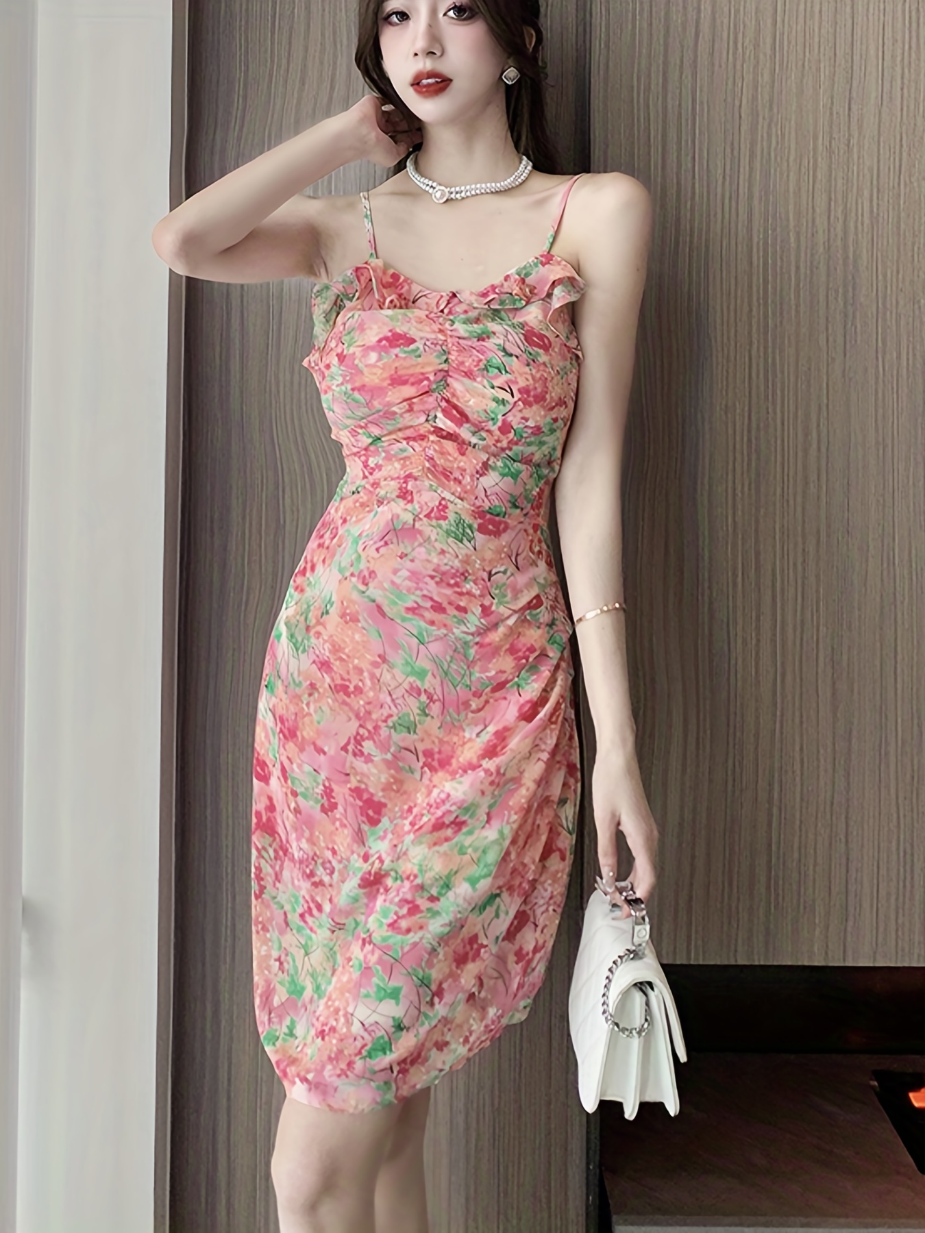 Floral Print Ruched Cami Dress Sexy Sleeveless Summer Midi - Temu