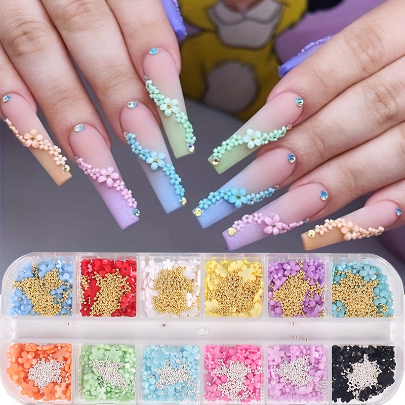 

12-grid Nail Art Flower Decorations Set, Colorful 3d Floral Rhinestone Assortment, Diy Nail Design Accessories For Manicure And Pedicure With Storage Box