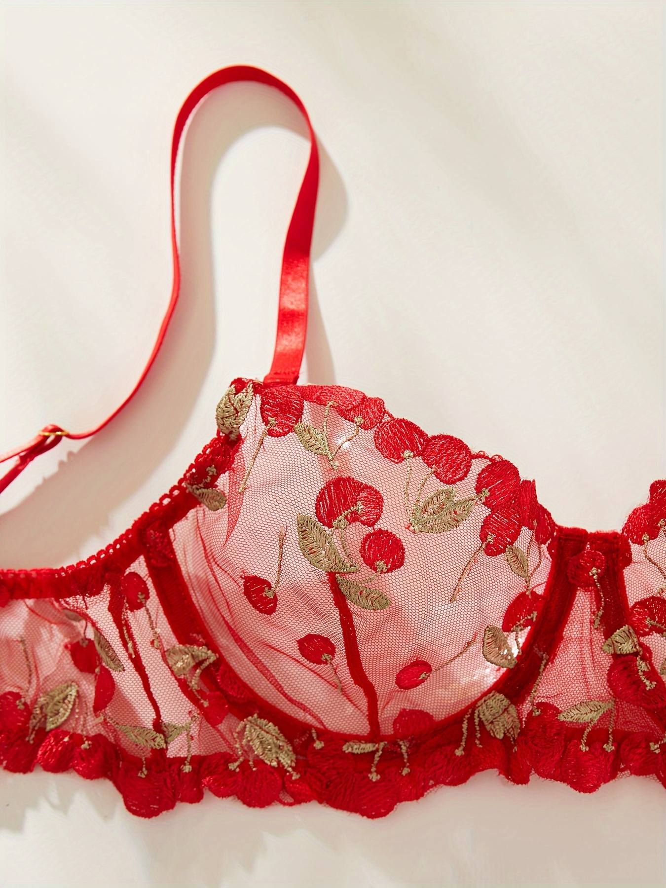 Cherry Embroidery Lingerie Set Sheer Unlined Bra Mesh Thong - Temu United  Kingdom