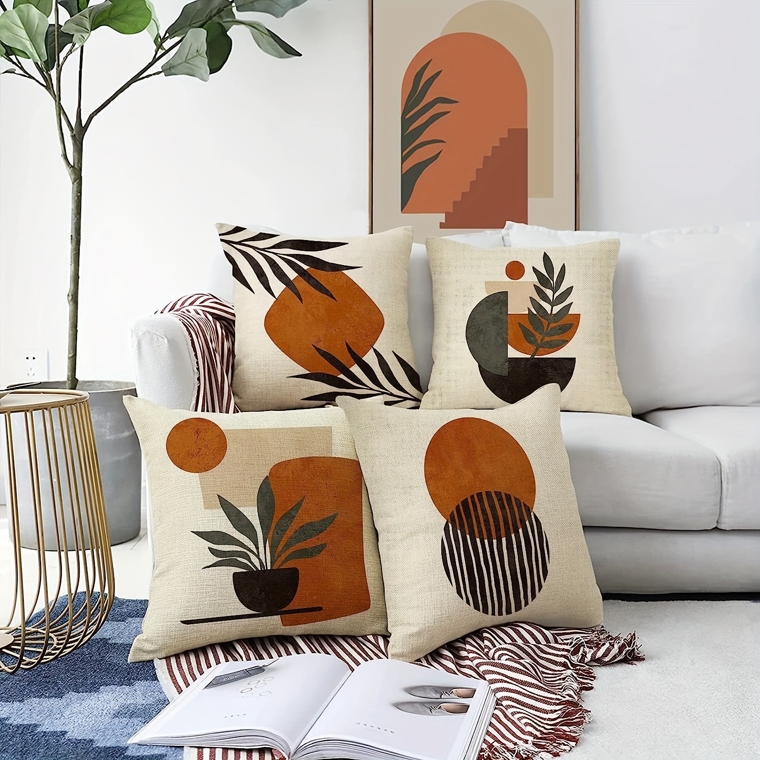 Throw Pillow Covers 18x18 Set of 4 Boho Decorative Outdoor Pillows Nature  Abstract Plant Leaf Modern Art Pillow Cases for Living Room Couch Sofa