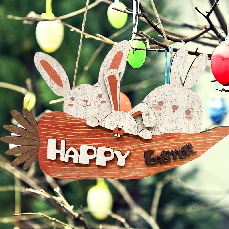 Happy Easter Wooden Hanging Sign Easter Colorful Eggs Bunny Sign Door  Decoration Rustic Easter Wood Wreath Sign for Easter Spring Holiday Front  Door