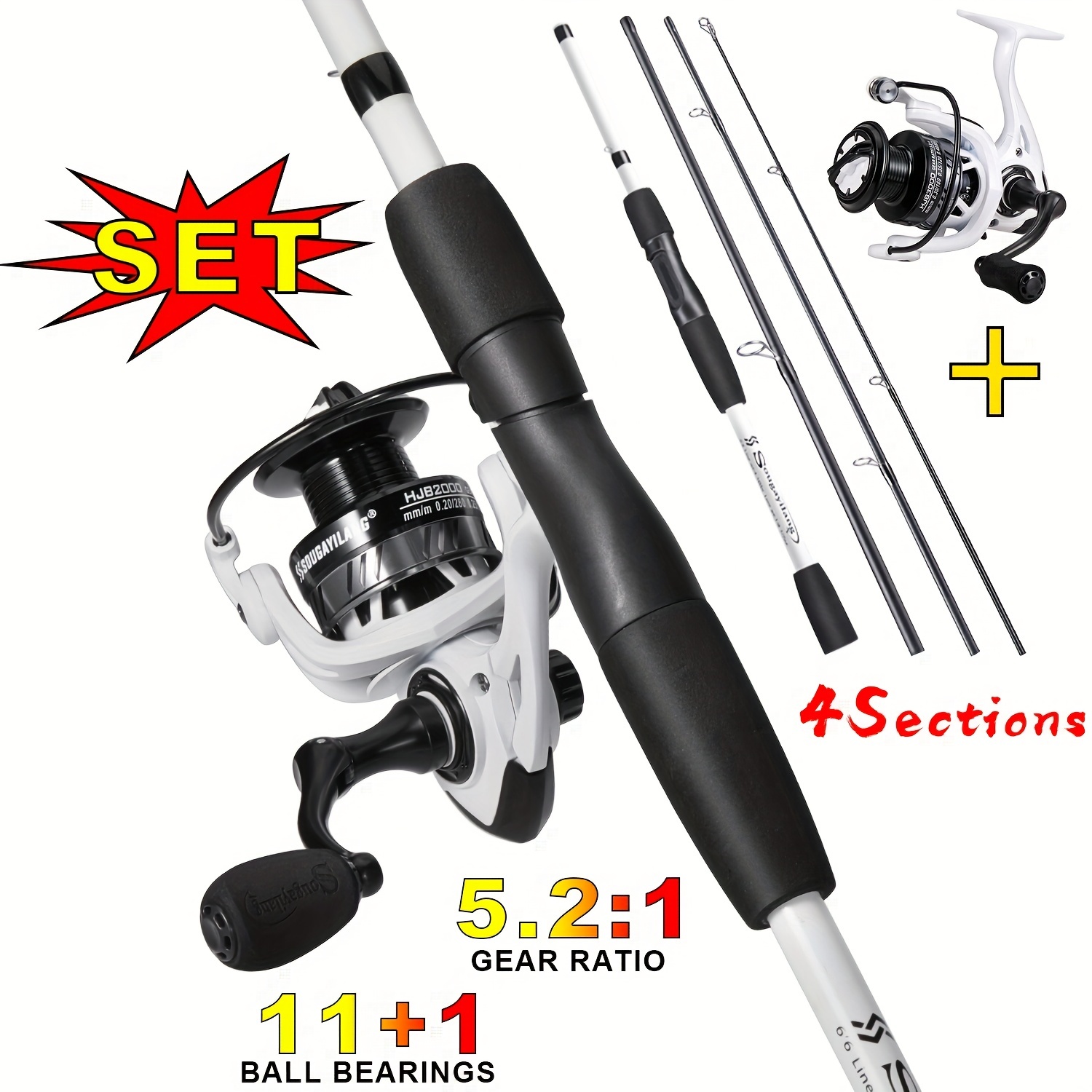 Spinning Fishing Set, 77.95inch/6.5FT Portable Fishing Rod And 11+1BB  Spinning Fishing Reel With EVA Handle, Multiple Fishing Baits Line Fishing  Combo