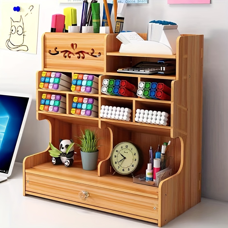 Organisateur de Bureau en bois,Pot a Crayon bureau avec tiroir,Rangement  Bureau Organisateur multifonctionnel,Pour
