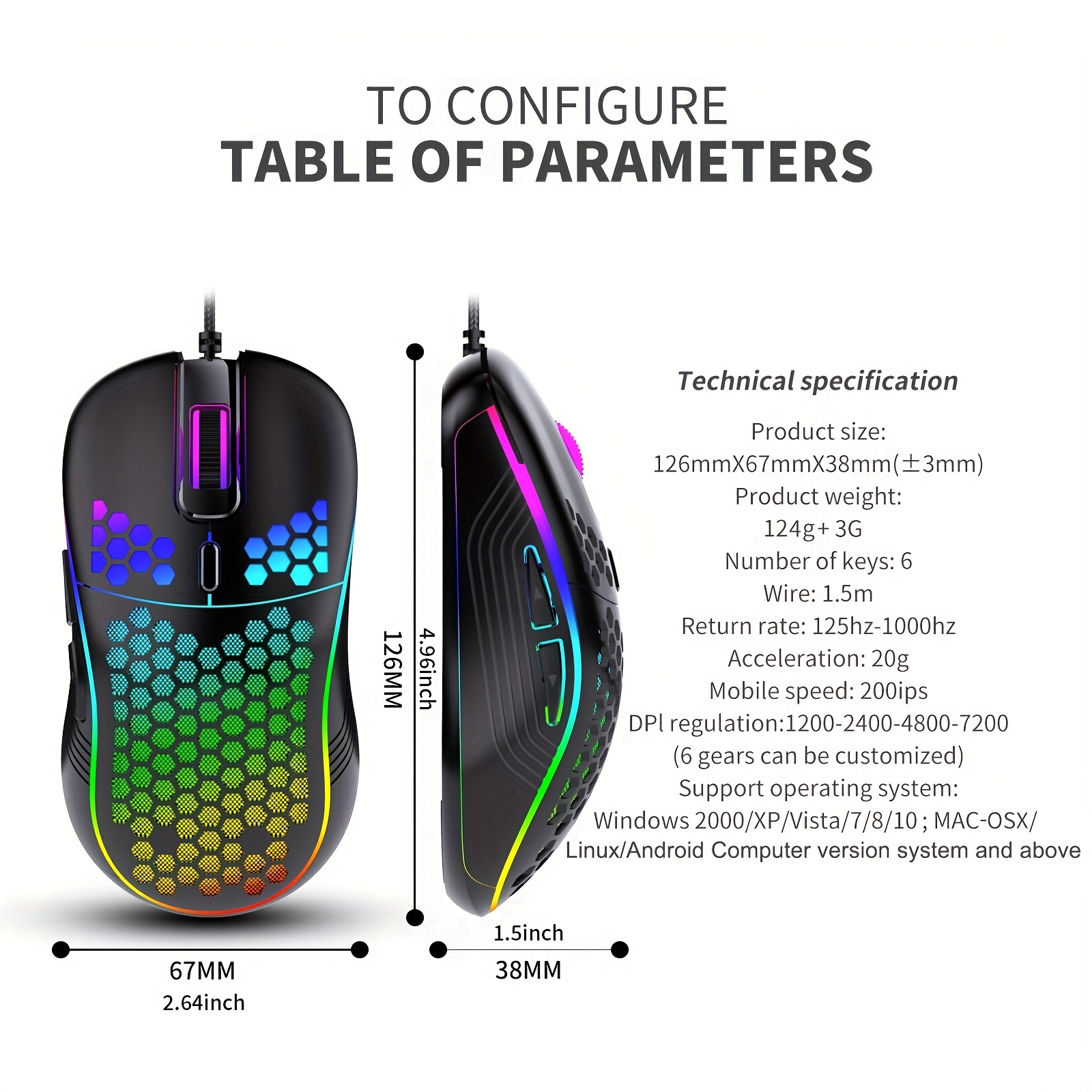 High Quality Lightweight Wired RGB Gamer Mouse 7200DPI Honeycomb Shell  Ergonomic For Computer Laptop PC Desktop Black White Pink