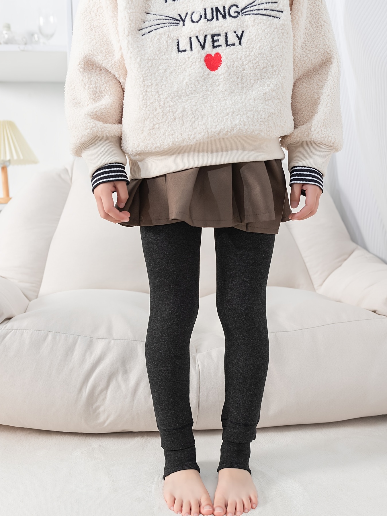 Girls Kids Fleece Warm Leggings Casual Plain Color Bottoming - Temu