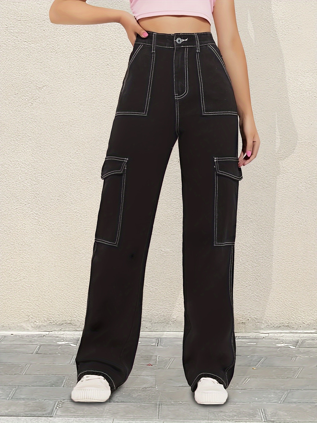 Flap Side Pocket Black High Waist Denim Pants, Cargo Pocket Casual Wide Leg  Jeans, Stylish & Trendy, Women's Denim Jeans & Clothing