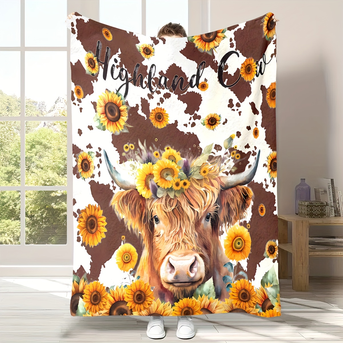 Farmhouse Cow Highland Cow Sunflower Flannel Blanket Soft - Temu