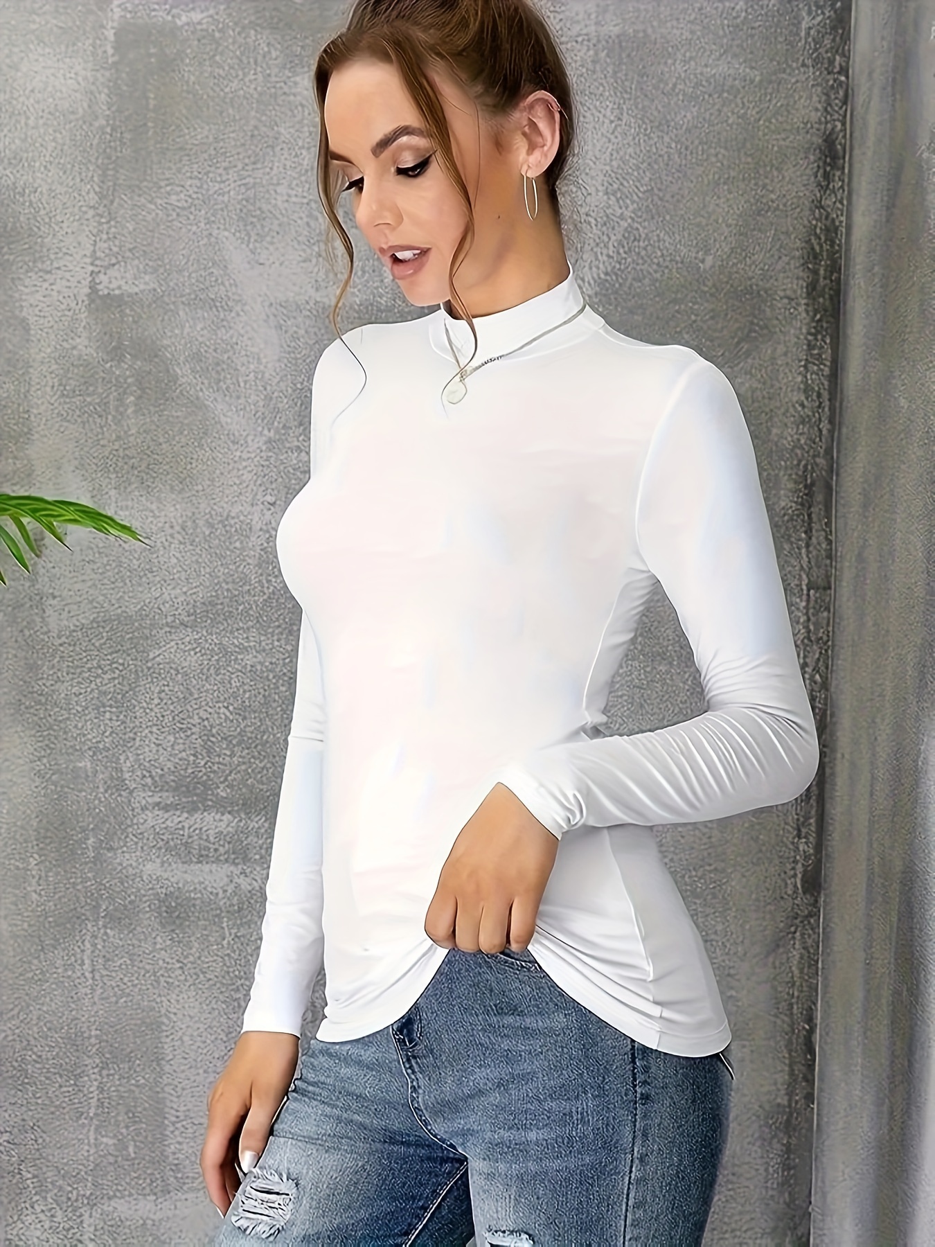 solid mock neck t shirt casual long sleeve versatile Temu United