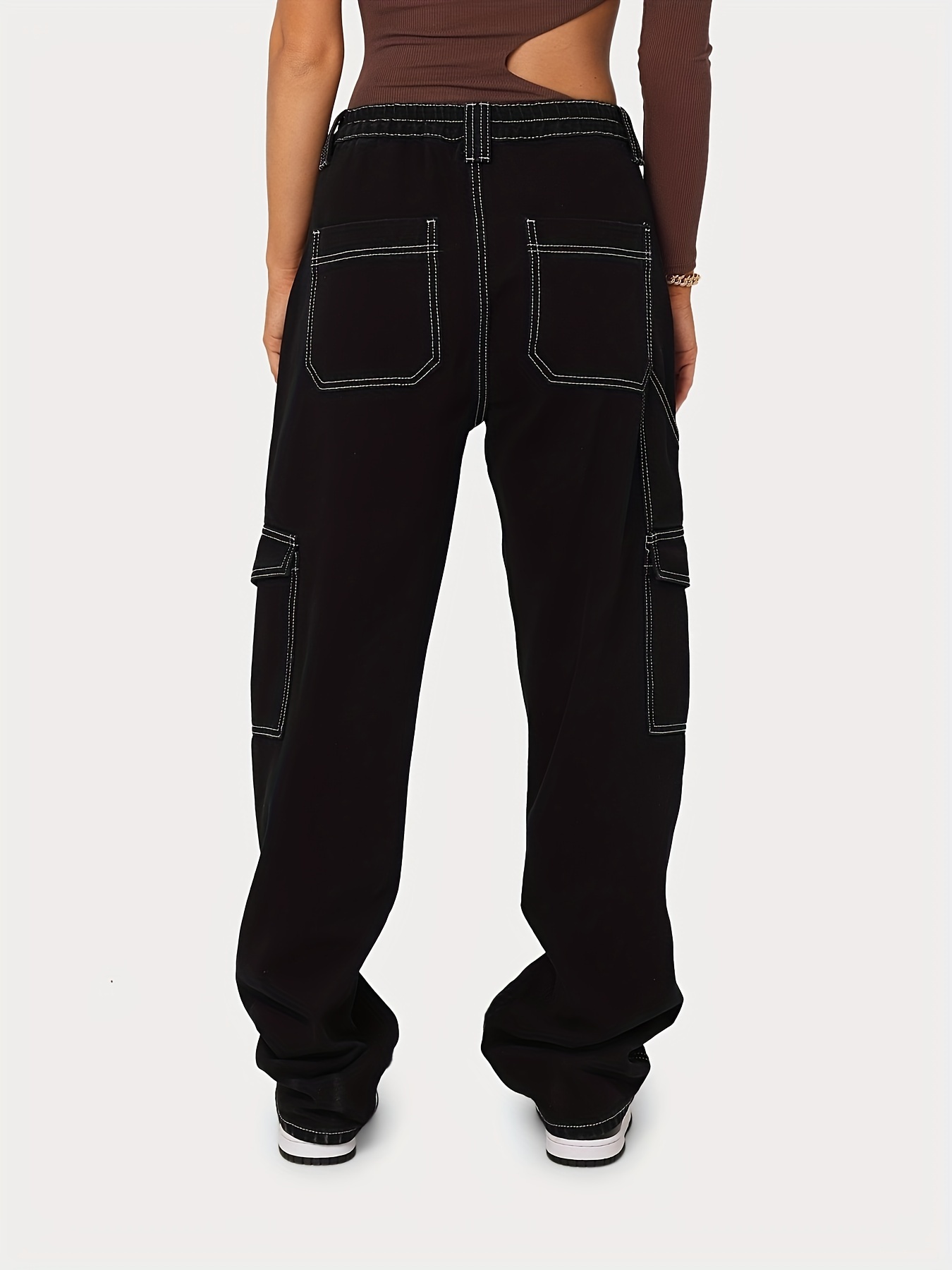 Black Flap Pockets Straight Jeans Loose Fit Non stretch High - Temu Canada