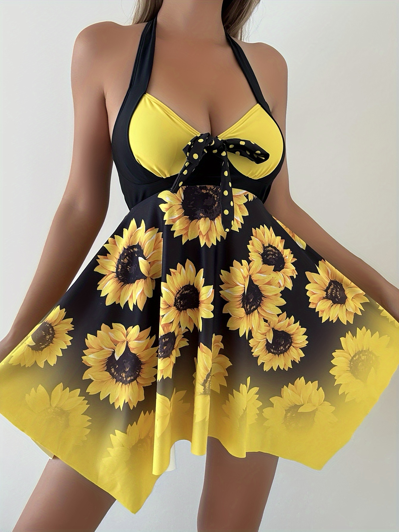 TANGNADE One-Piece Sunflower Swimsuit Women Print Color Blocking
