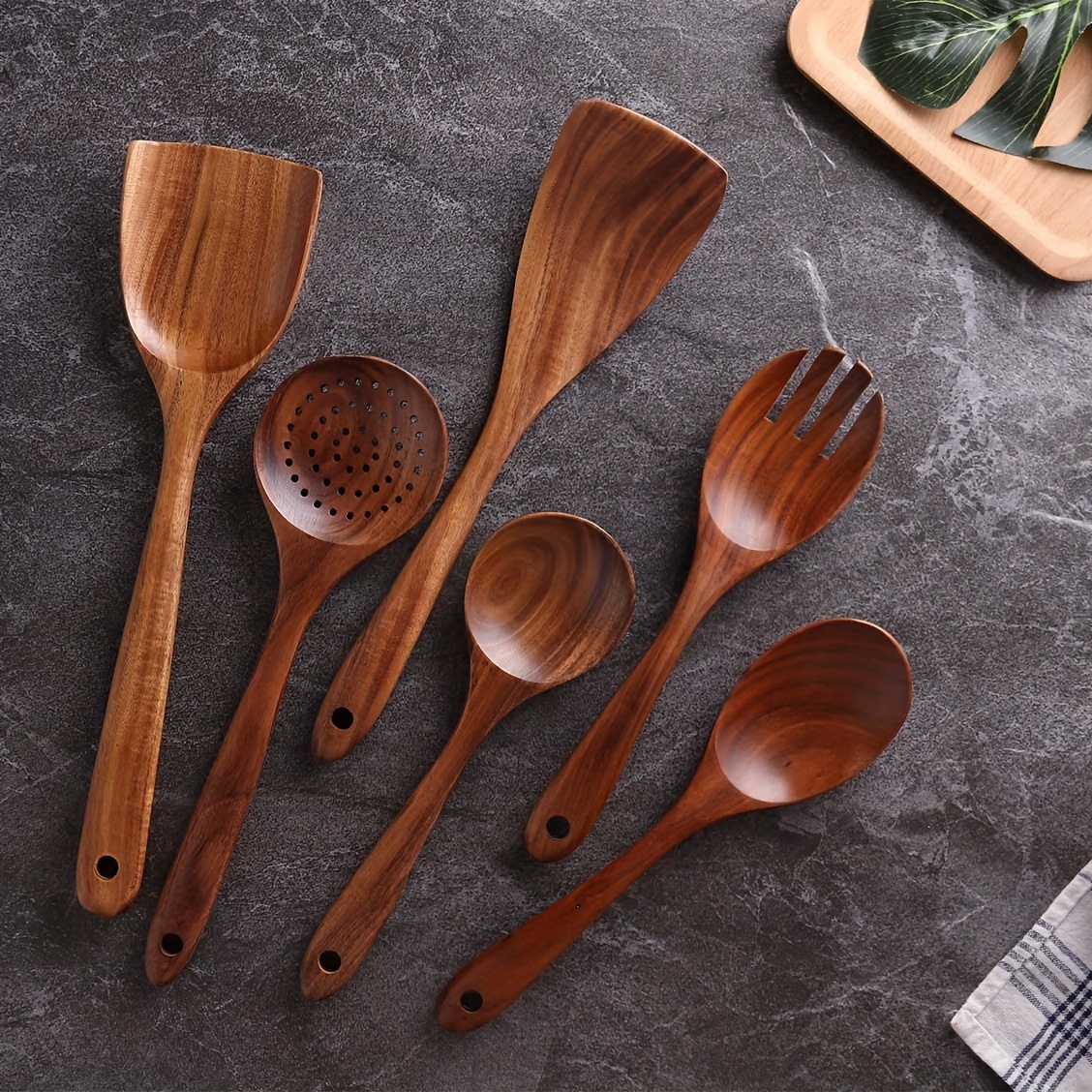 9 cucharas de madera para utensilios de cocina, cucharas de cocina de  madera de teca natural con espátula antiadherente, utensilios de cocina de  bambú