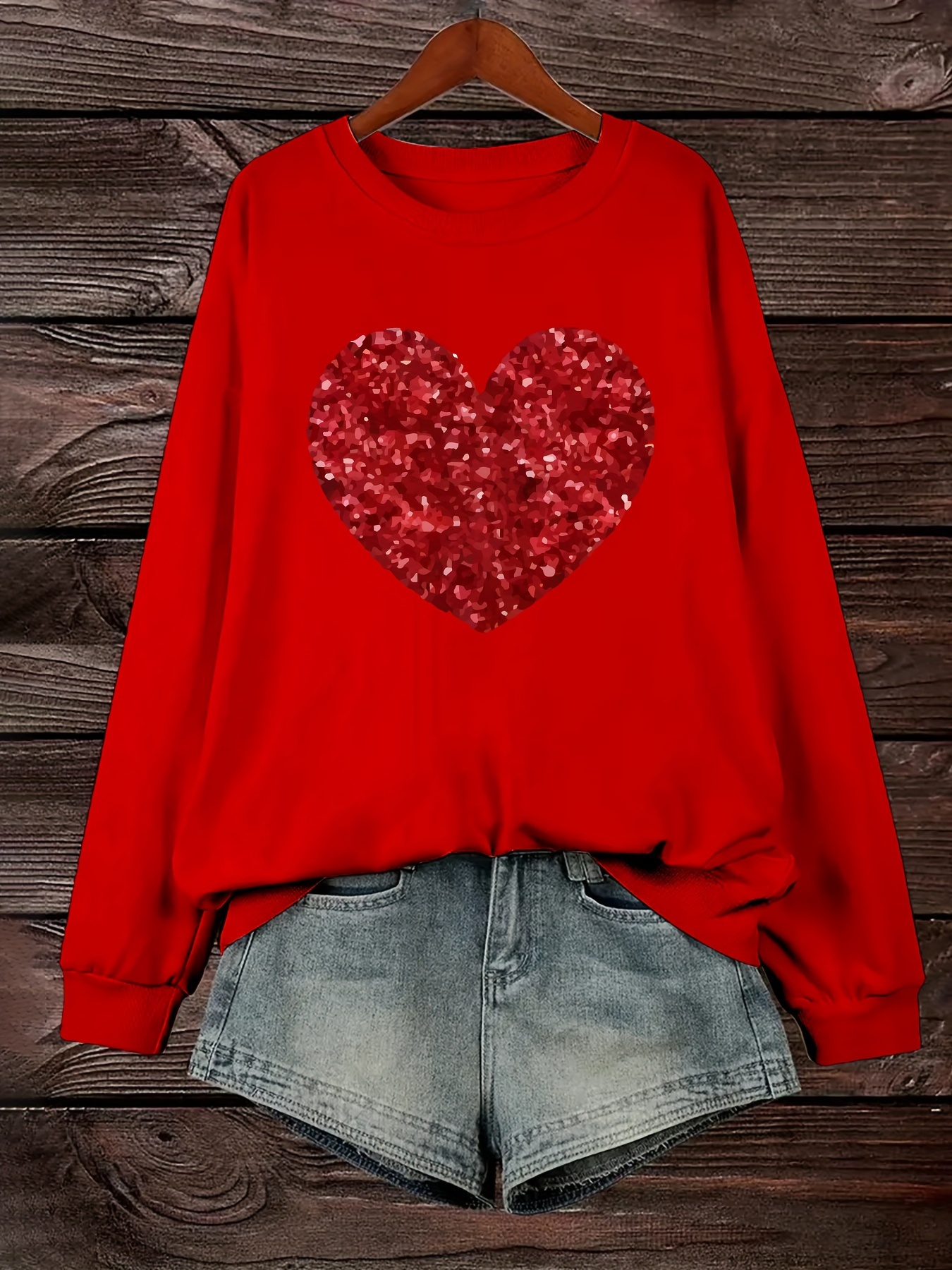 Plus Size Heart Print Sweatshirt Casual Long Sleeve Crew Temu South