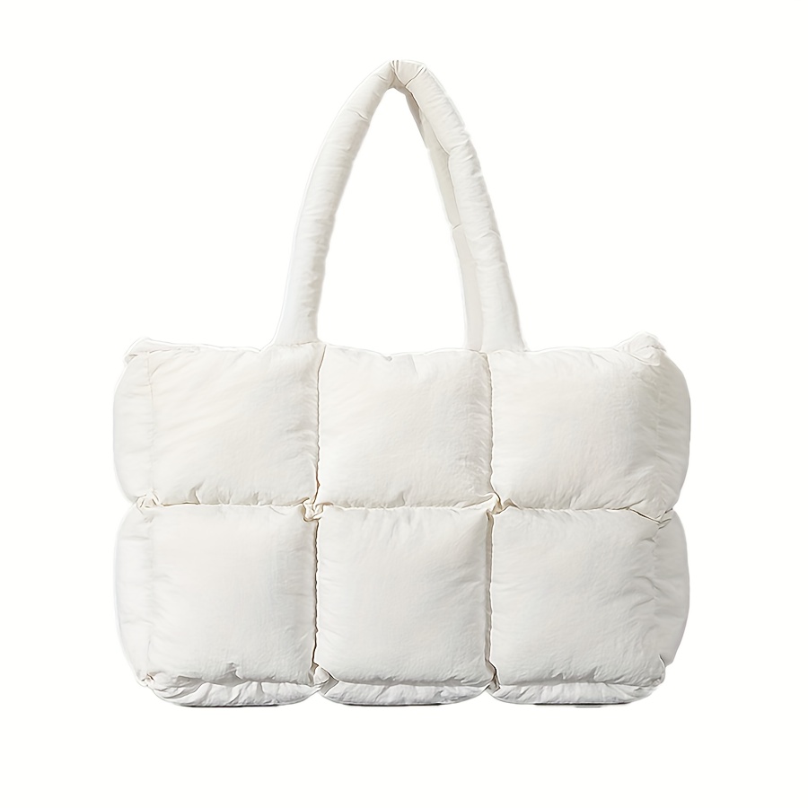 Puffer Tote Bag, Trendy Luxury Chic Quilted Large Padded Designer Handbags  for Women Cotton Winter Soft Shoulder Bag (white)