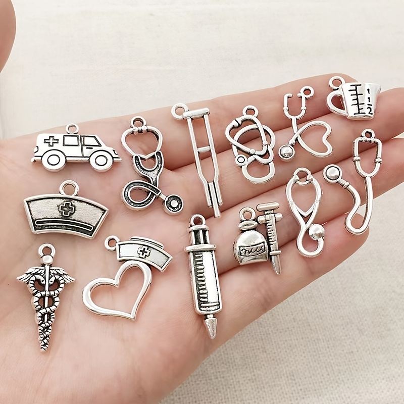 Mixte 72pcs Thème Appareil Médical Argenté Bonnet D'Infirmière/  Stéthoscope/ Seringue/ Motifs Ambulance Pendentif Charme En Alliage Pour La