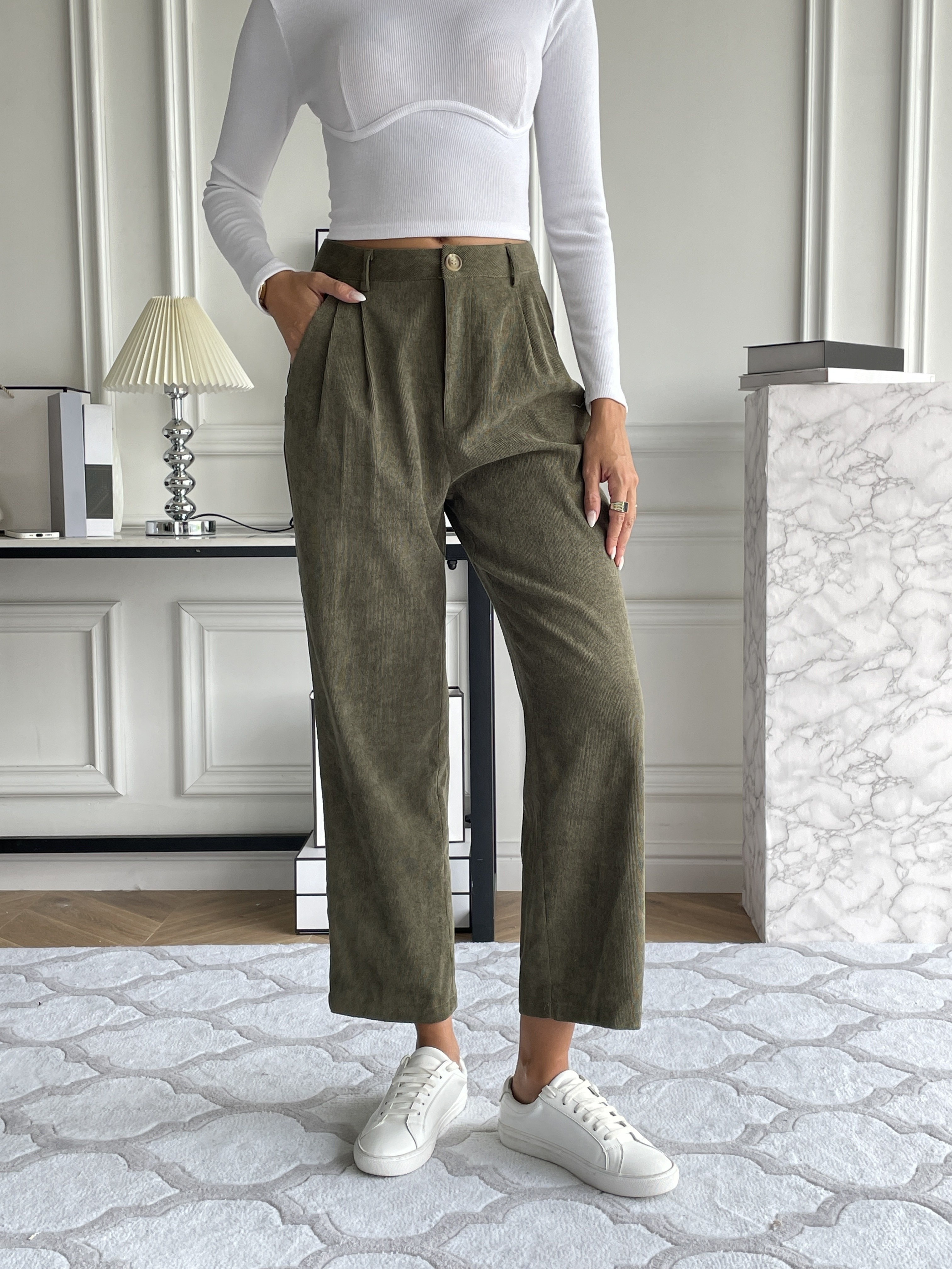 Solid Color Flap Pockets Straight Legs Trouser High Waist - Temu