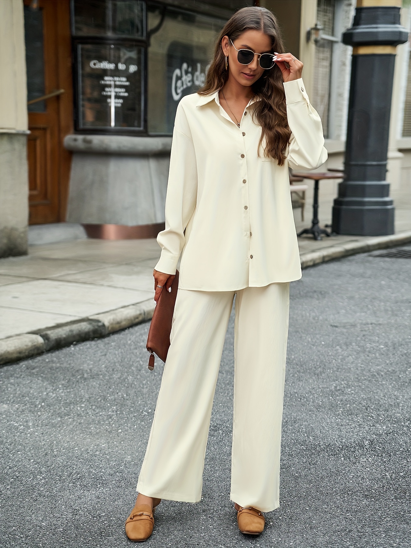 Women Loose Wide Legs Pants Front T-Shirt Stand Collar Button Tops Suits  Fashion