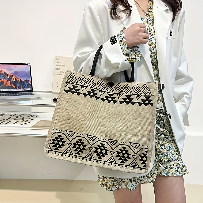 Vintage Geometric Pattern Tote Bag, Lightweight Large Capacity Storage Bag,  All-match Burlap Bag - Temu Oman