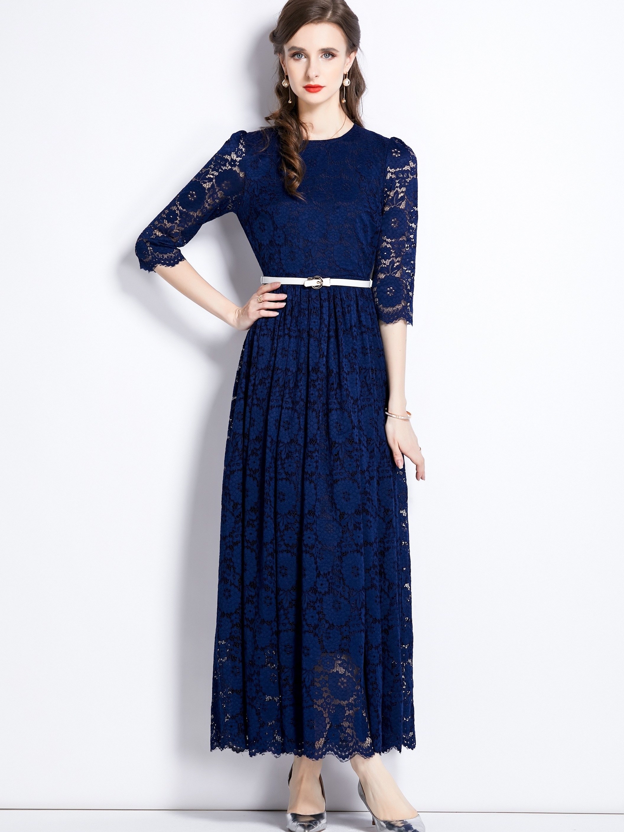 Contrast Lace Solid Party Dress Elegant V Neck 3/4 Sleeve - Temu